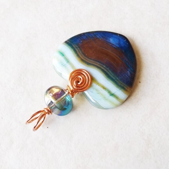 Multi-Hued Banded Agate Heart Pendant! Copper Wire Wrapped Bail! Fall Birthdays - Picture 2 of 5